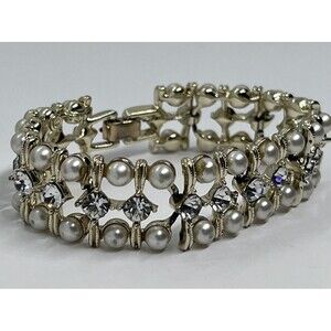 Vintage Kramer Bracelet Rhinestones and Faux Pearls Gold-tone Links Fold Clasp